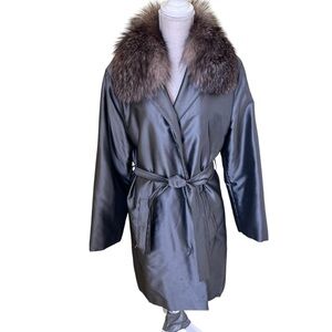 Escada Metallic Grey Coat with Fox Fur Collar 38(M)